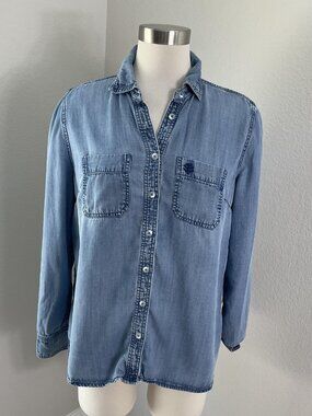 Coolibar Button Up Shirt Womens Medium Blue Peninsula Chambray UPF 50+ UV Top